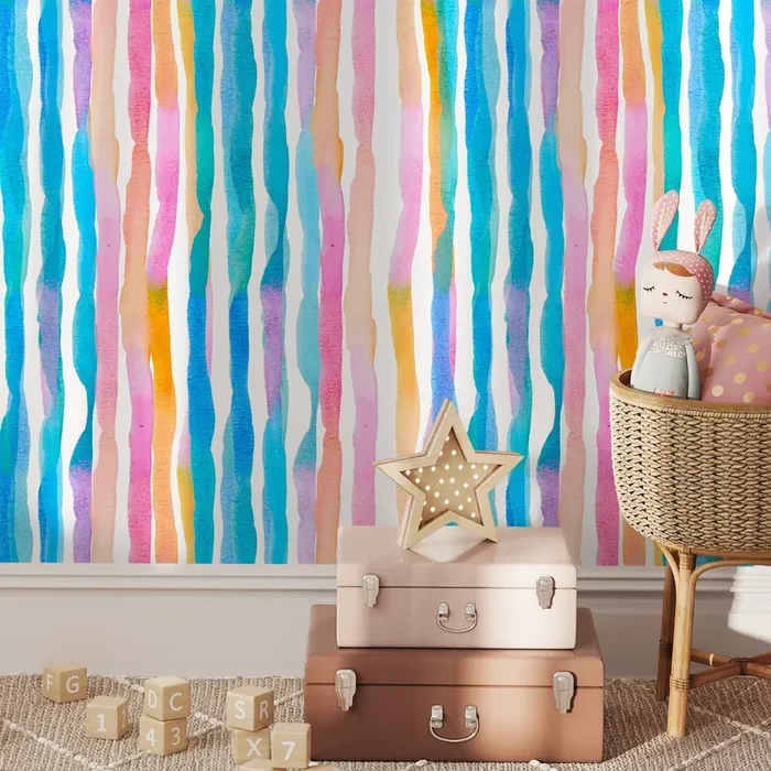 Watercolor Wallpaper With Colorful Vertical Stripes In Blue, Pink, And Orange – D954