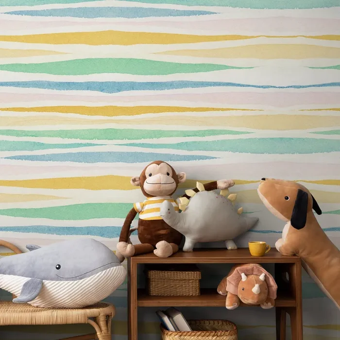 Watercolor Wallpaper With Wavy Stripes In Blue, Green, And Yellow – A133