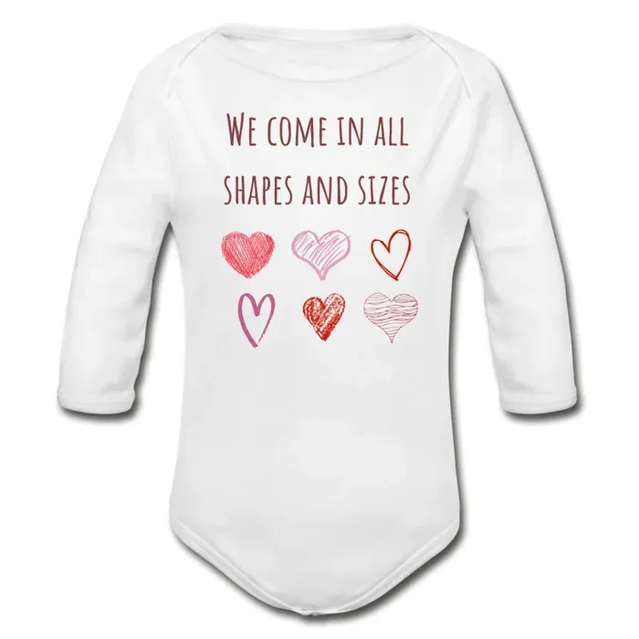 We Come in All Shapes And Sizes Organic Long Sleeve Valentine’s Baby Onesie | Hearts