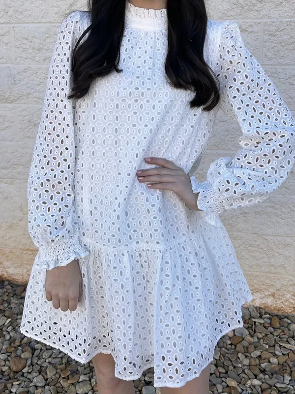 When In White Eyelet Long Sleeves Dress