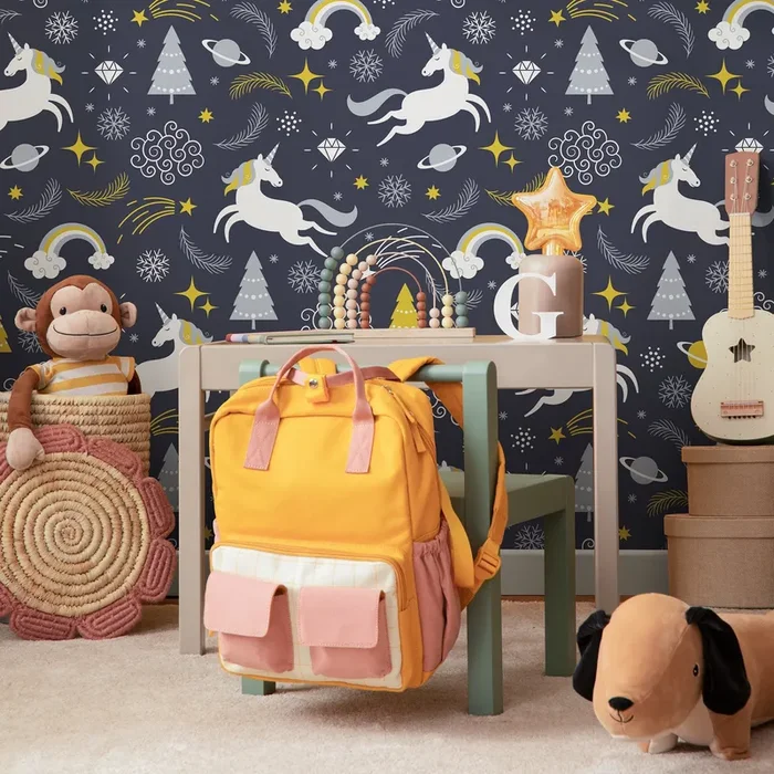 Whimsical Wallpaper With Unicorns And Planets In Navy, Yellow, And Gray – A094