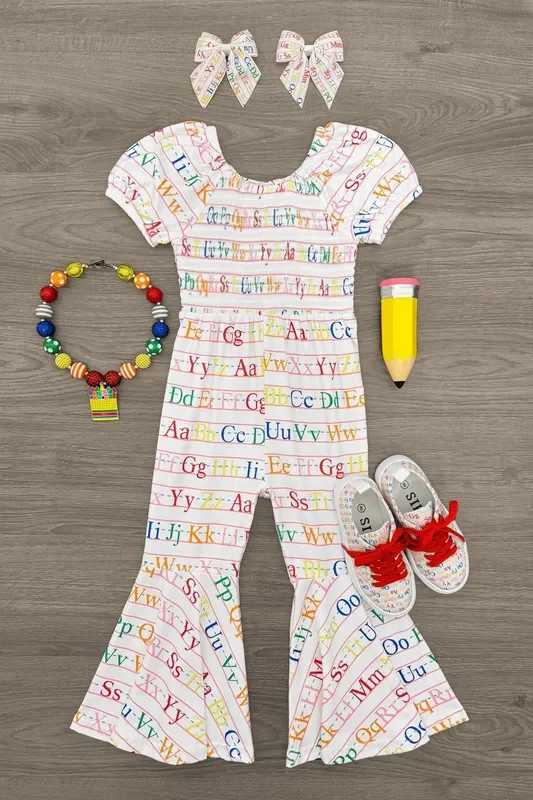 White Alphabet Flare Jumpsuit