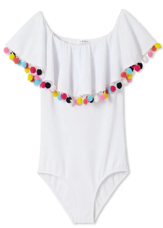 White Swimsuit With Pom Poms