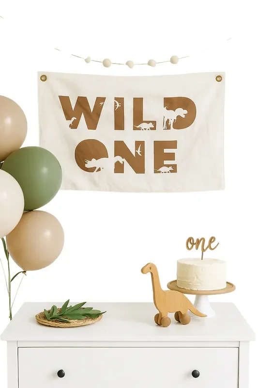 Wild One First Birthday Canvas Banner – Dino Theme