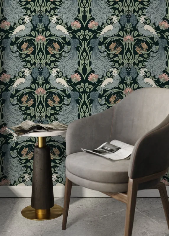 William Morris Wallpaper With A Bird And Vine Motif In Green, Blue, And Pink – D004