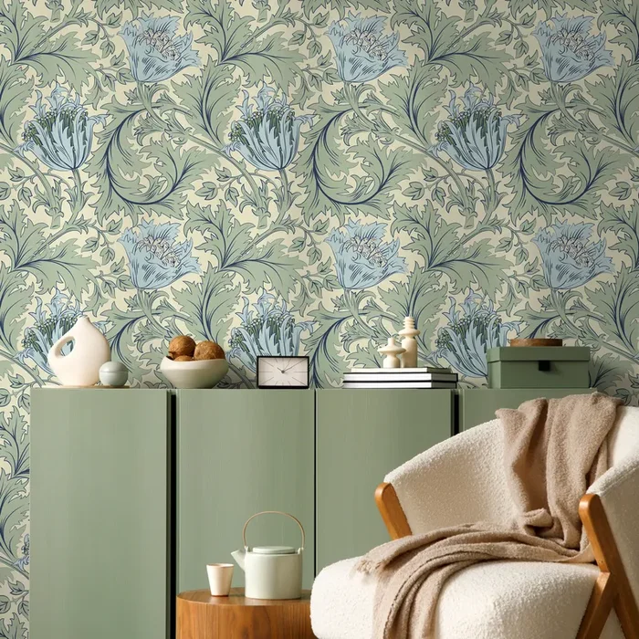 William Morris Wallpaper With Stylized Florals In Green And Blue – D515