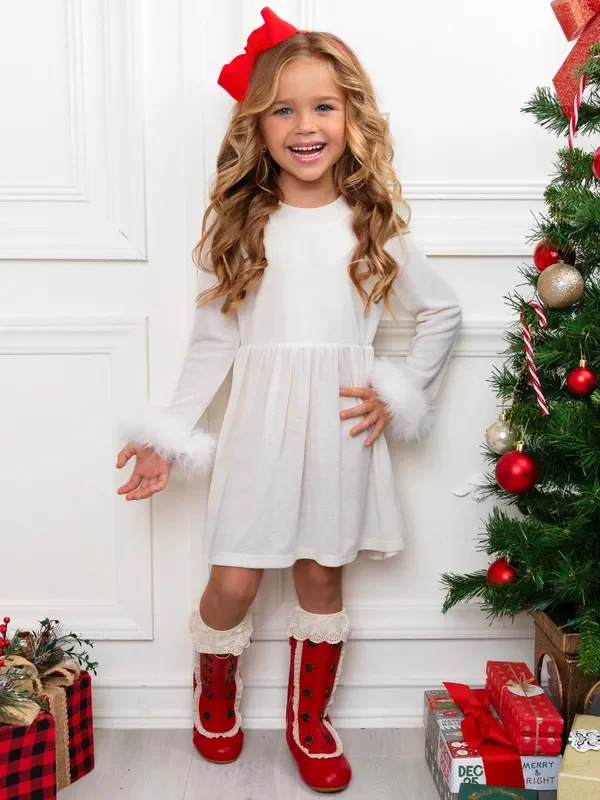 Winter Glam Cream Dress with Luxe Faux Fur Cuffs