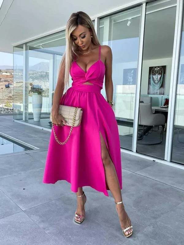 Women’s Barbie Inspired Leg Split Flowy Midi Dress With Fitted Bodice