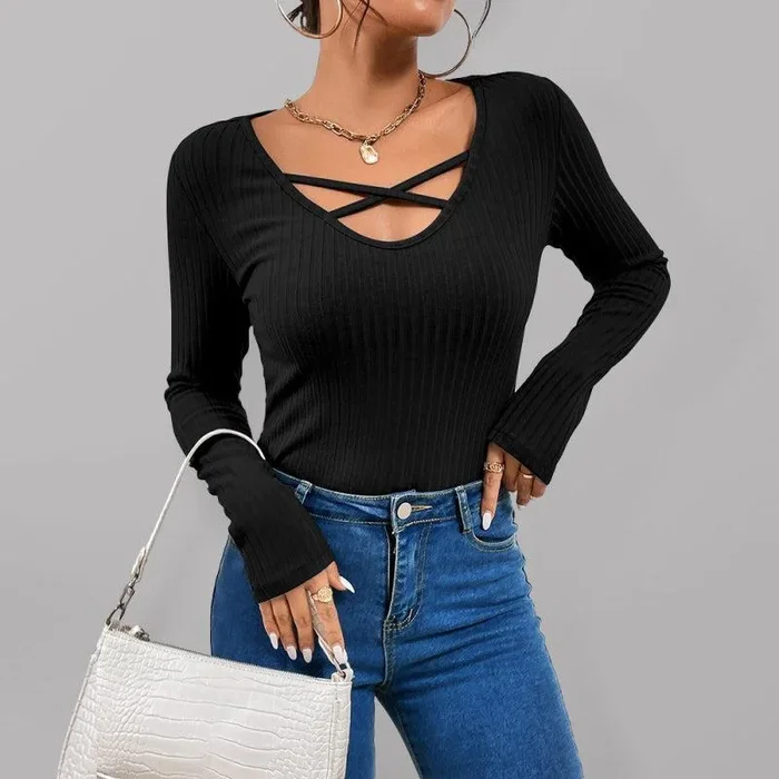 Women’s Black Ribbed Long Sleeve Top With Front Crisscross Design