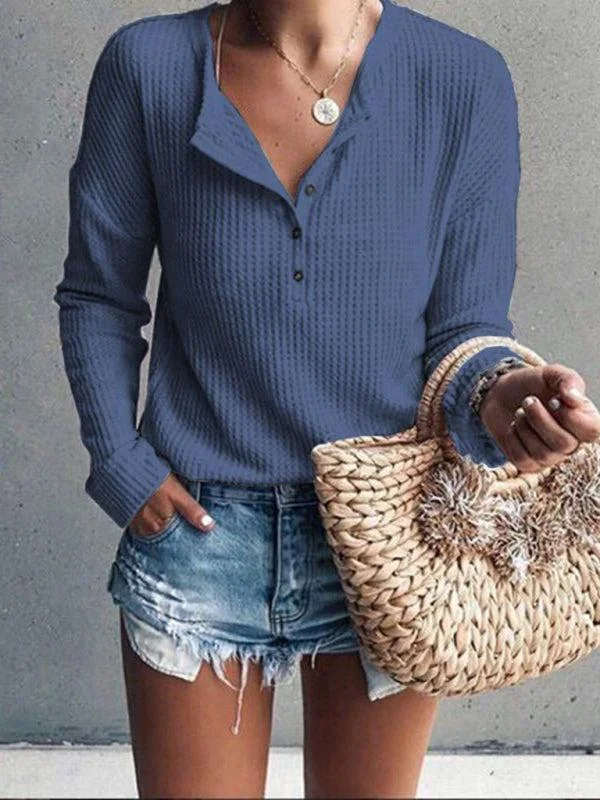 Women’s Casual Ribbed Long Sleeve Top With Button Detail