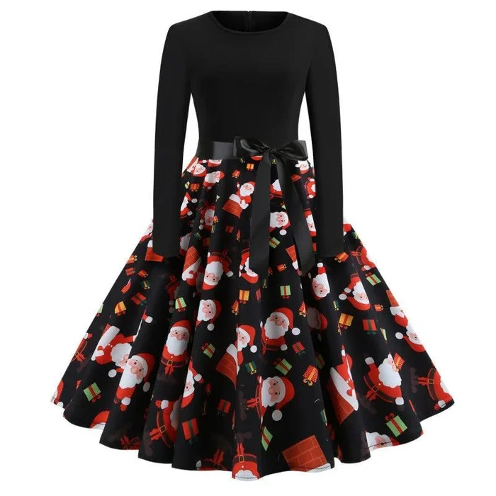 Women’s Christmas Print Long Sleeve A-Line Flowy Dress