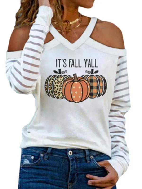 Women’s Cold Shoulder Halloween Pumpkin Print V-Neck Top