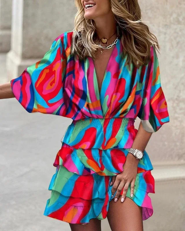 Women’s Dolman Sleeve V-Neck Vibrant Print Ruffle Dress
