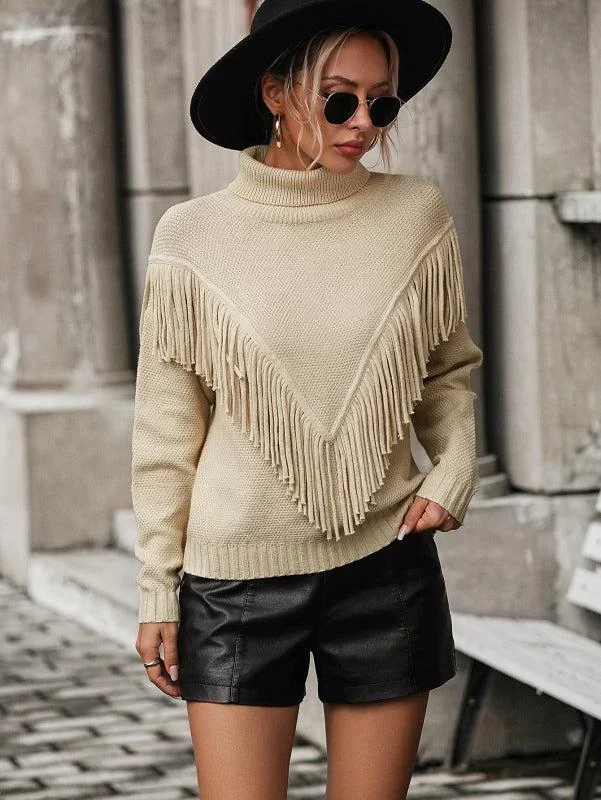 Women’s Fitted V Front Panel Fringed Turtleneck Jumper