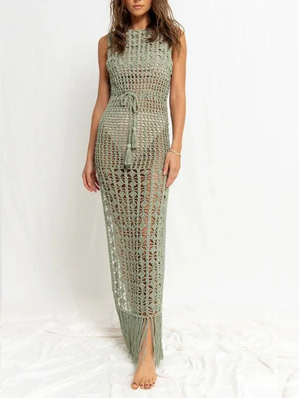 Women’s Floor Length Hollow Knit Tassel Beach Cover Up