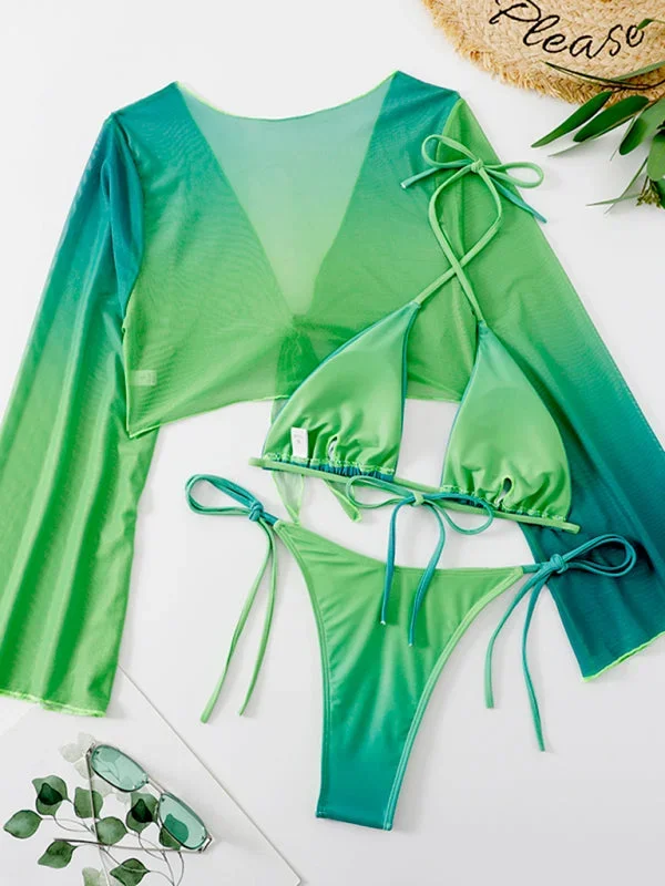 Women’s Green Ombre Bikini Set Including Matching Beach Cover Up