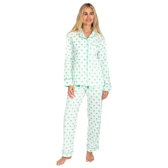 Women’s Green Palm Tree Long Pj Pant Set