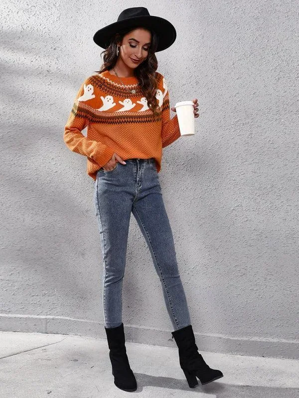 Women’s Halloween Ghost Print Long Sleeve knitted Top