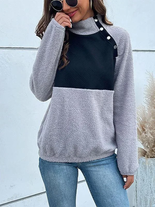 Women’s High Pile Fleece Sweatshirt With Side Neck Button Fastening