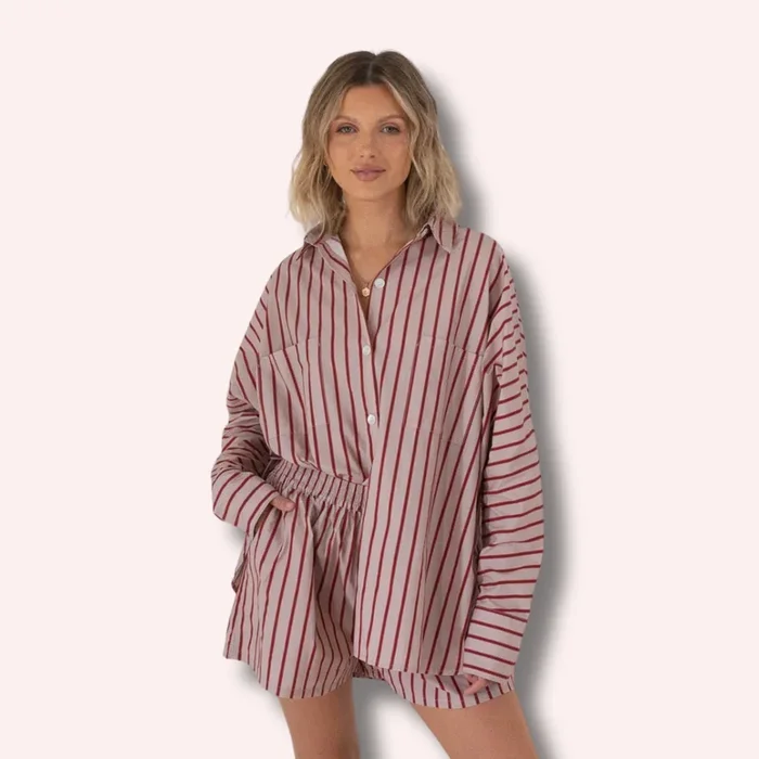 Women’s Isla Stripe Cotton Set – Pale Blush/Deep Red Stripe