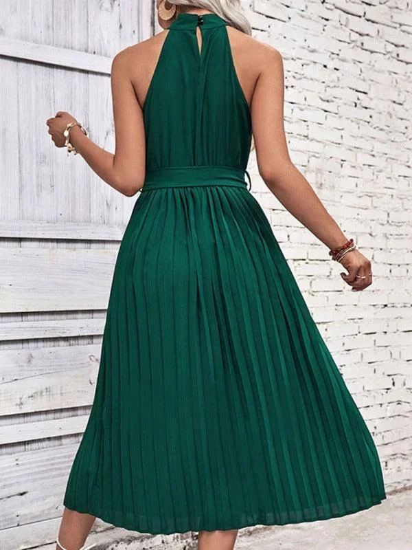 Women’s Long Length Pleated Halter Neck Dress With Belt