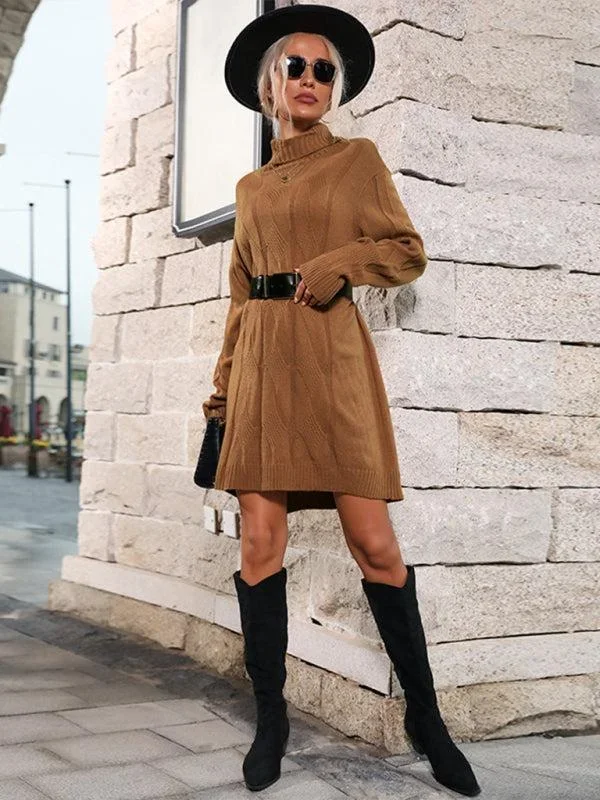 Women’s Loose Fit Turtleneck Patterned Knit Jumper Dress