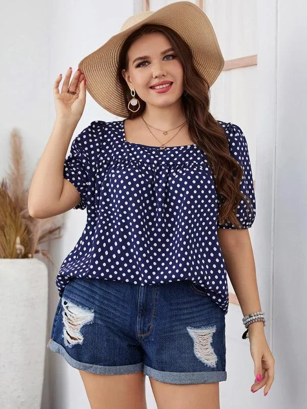 Women’s Plus Size Chiffon Short Sleeve Square Neck Polka Dot Top