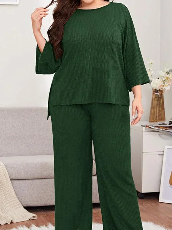 Women’s Plus Size Three Quarter Sleeve Ribbed Loungewear Set