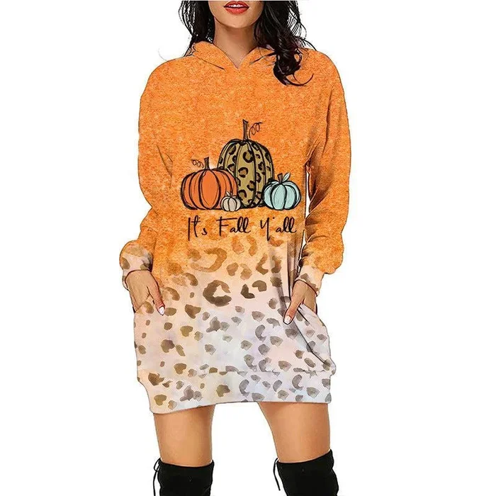 Women’s Pumpkin Print Long Line Halloween Hoodie