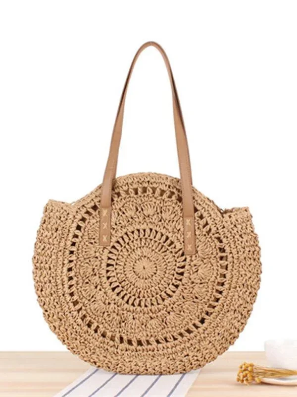 Women’s Round Straw Woven Shoulder Bag With Zip Fastening