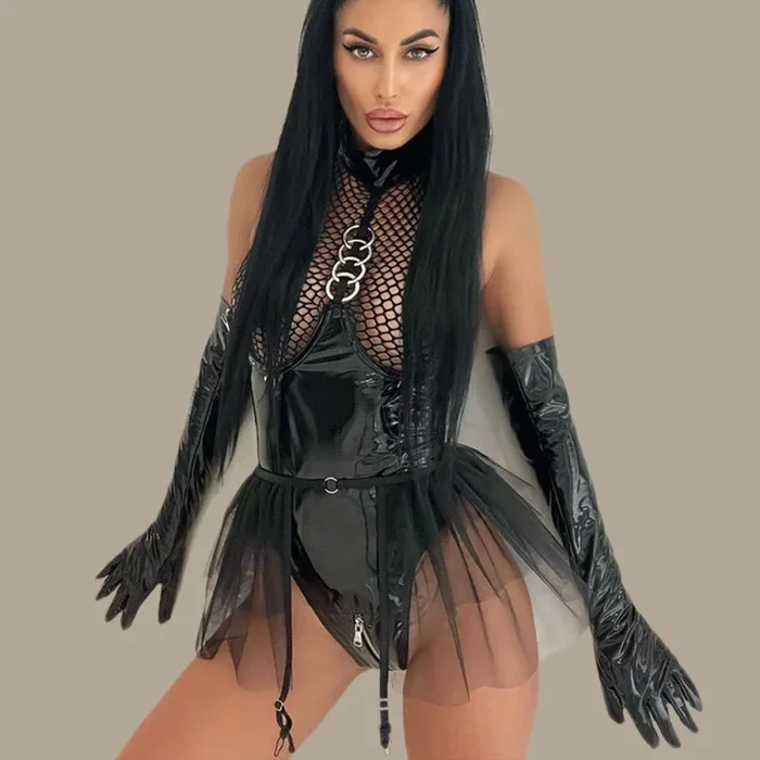 Women’s Sexy PU Leather And Fishnet High Neck Lingerie Bodysuit