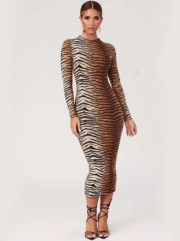 Women’s Sexy Tiger Stripe Print Long Sleeve Dress
