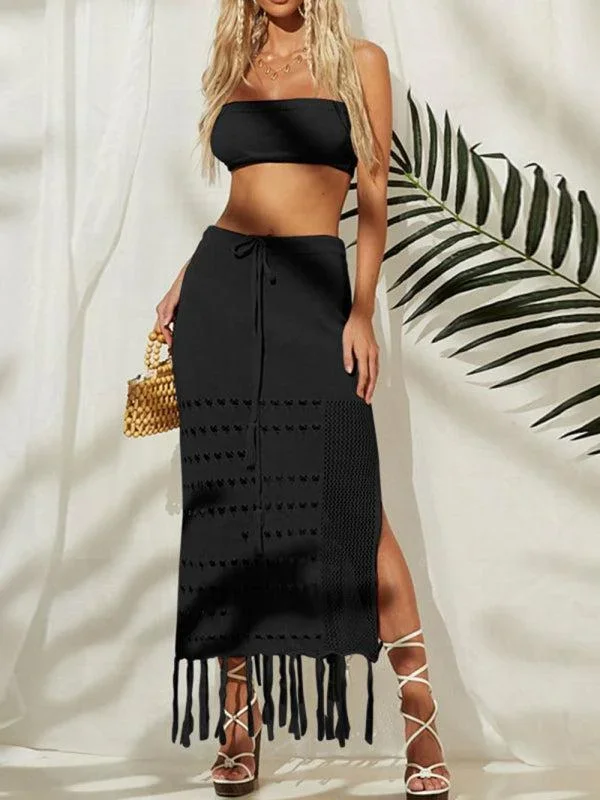 Women’s Two Piece Crochet Beach Wear Set Including Floor Length Skirt And Bandeau Top