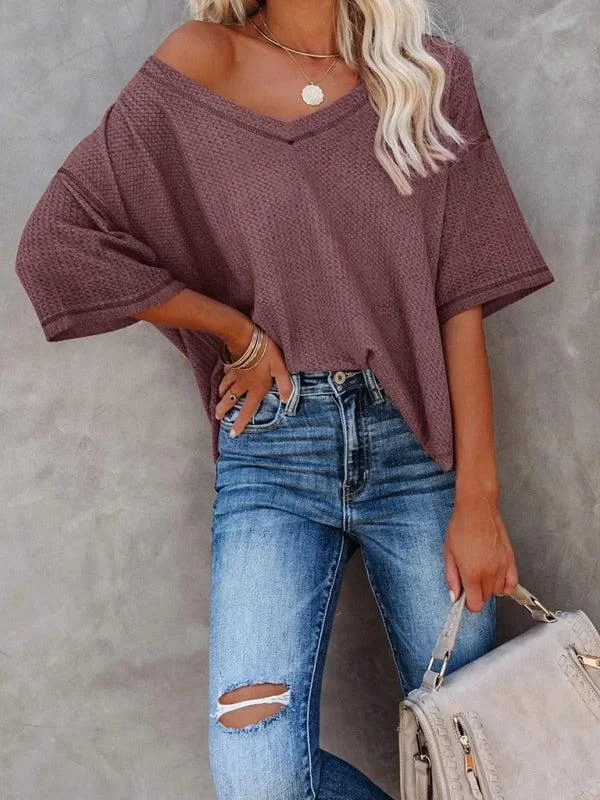 Women’s V Neck Loose Sleeve Waffle Knit T-Shirt