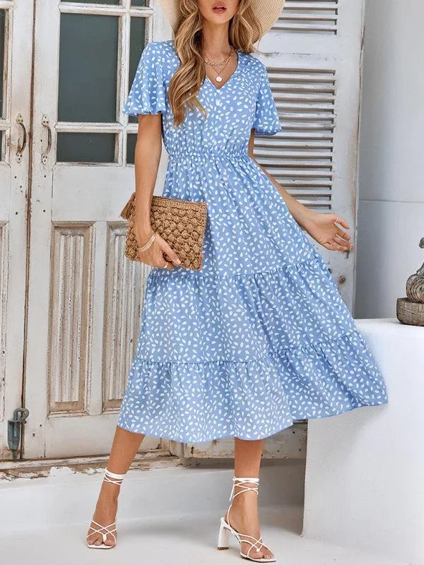 Women’s V-Neck Lotus Leaf Print Layered Dress