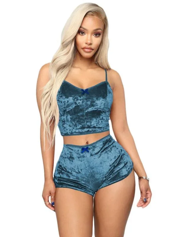 Women’s Velvet V-Neck Two Piece Luxurious Lingerie Loungewear Set