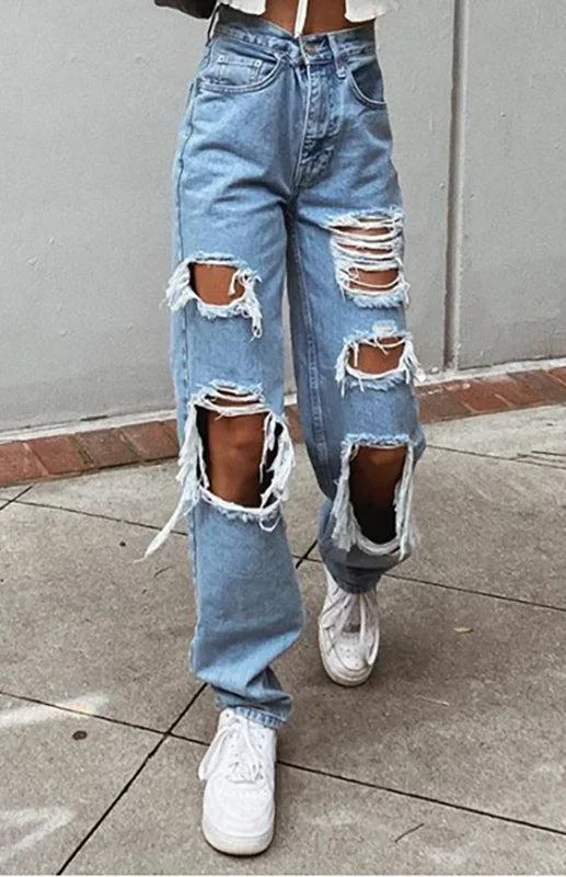 Women’s Washed Denim Ripped Loose Fit Jeans