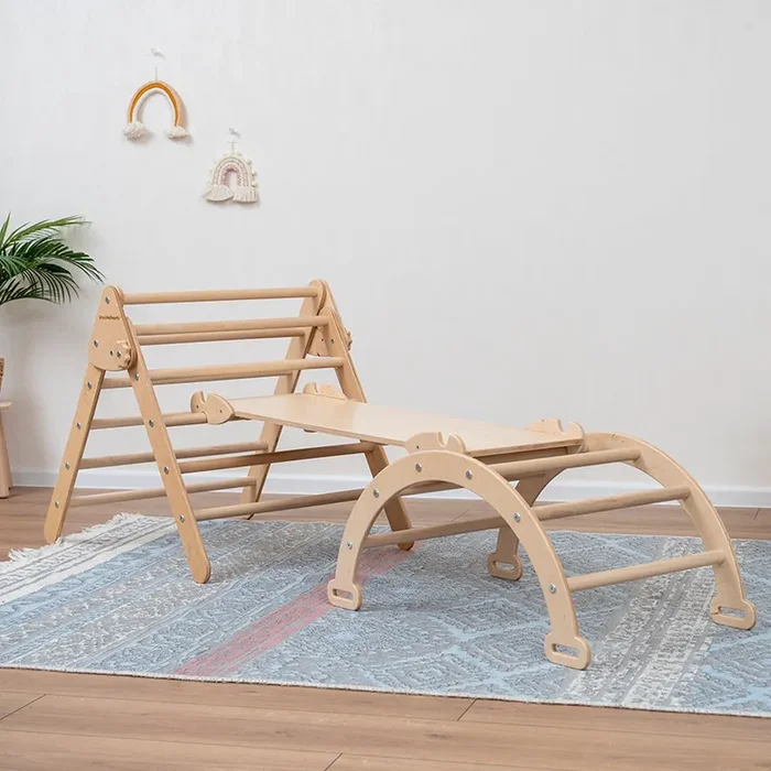 Wood and Hearts Eco-Friendly Wooden Montessori Climbing 3-in-1 Set | Foldable Triangle, Climbing Arch, Rocker Board