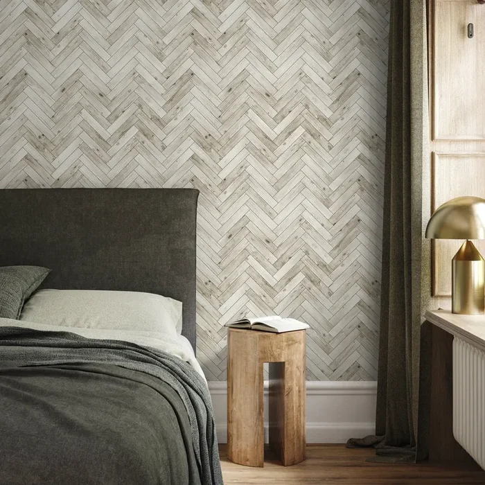 Wood Wallpaper With A Modern Herringbone Motif In Beige And Brown – A430