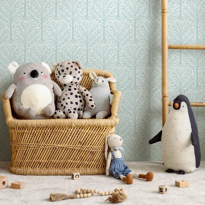 Woodland Wallpaper Featuring A Minimalist Forest In Light Blue And White – B790