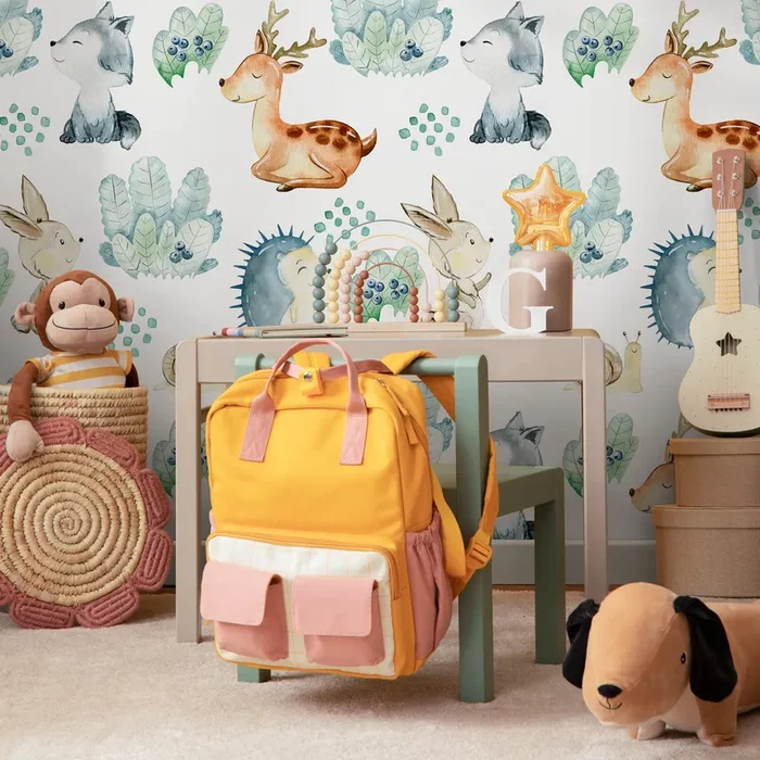 Woodland Wallpaper With Watercolor Forest Animals In Brown, Blue, And Green – B509