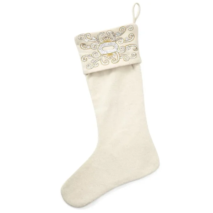 Wool Christmas Stocking Empress Beaded Cuff – Cream