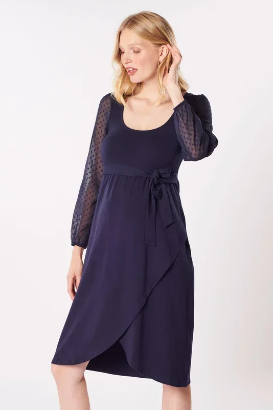 Wrap-style maternity dress with lace sleeves, navy